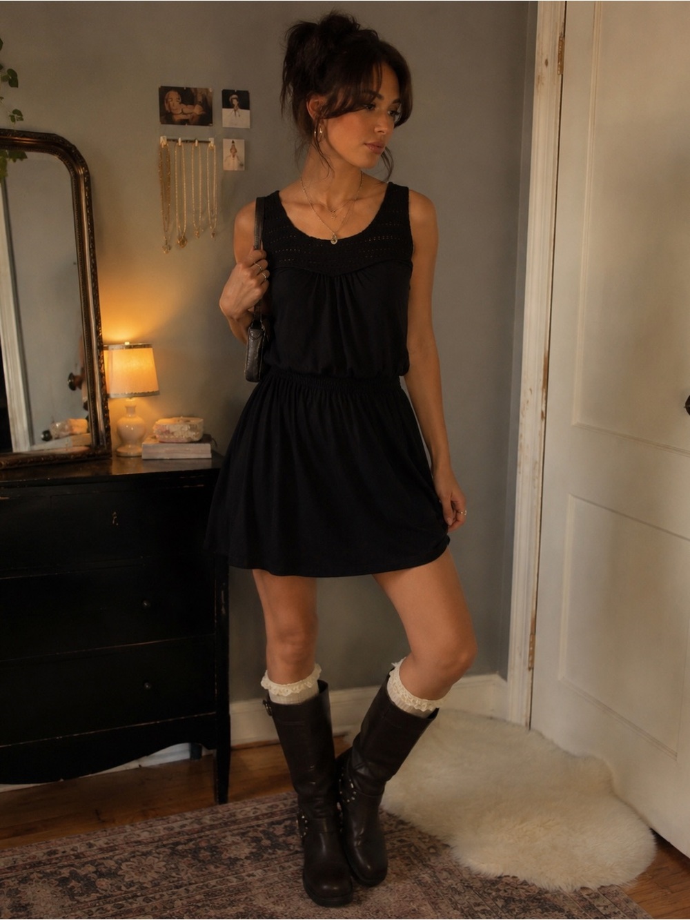 Mr. Buho Black Crochet Yoke Mini Dress Size S Boho Sleeveless Cotton